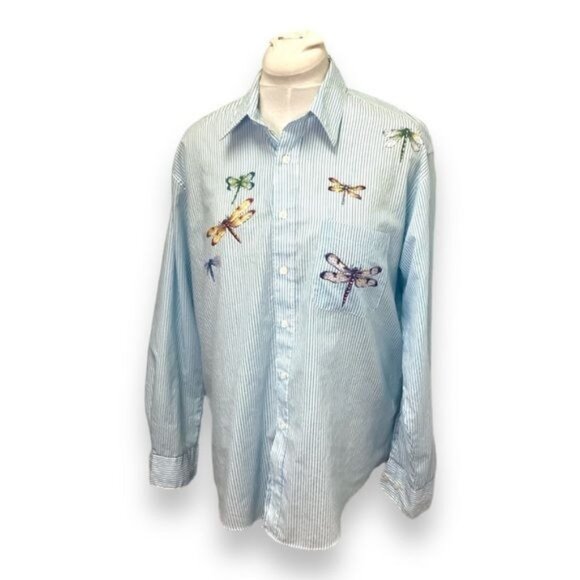 Get Lucky Women’s Long Sleeve Button Down Dragonfly Stripe Shirt, size L - Picture 1 of 5